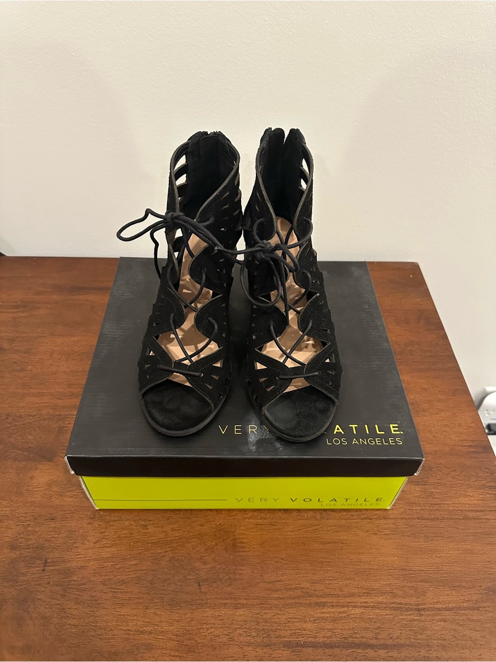 Very Volatile Black Cutout Lace-Up Heels